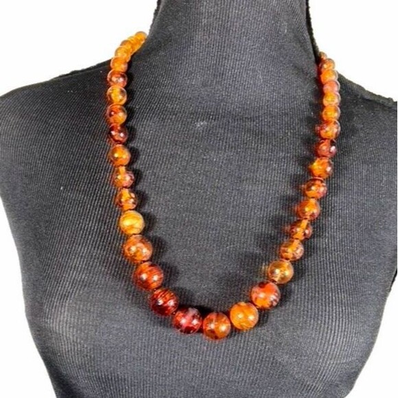 Vintage Jewelry - VTG 28"  40s Art Deco Marbled FAUX Amber Lucite Necklace Graduated Beads